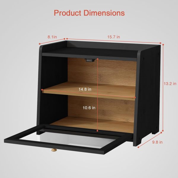 Black Bread Box for Kitchen Countertop, Large Bread Storage Container for Homemade Bread, Wood Farmhouse Breadbox Organizer for Kitchen Counter Corner, Cabinet, Pantry, Cupboard (Black) - Image 2