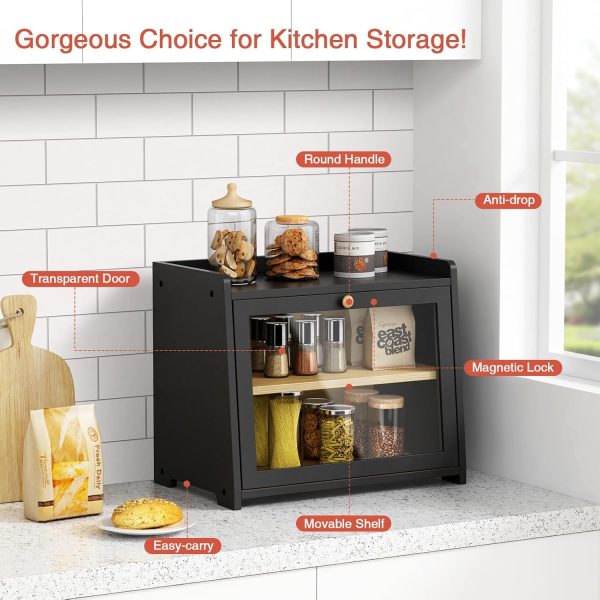Black Bread Box for Kitchen Countertop, Large Bread Storage Container for Homemade Bread, Wood Farmhouse Breadbox Organizer for Kitchen Counter Corner, Cabinet, Pantry, Cupboard (Black) - Image 6
