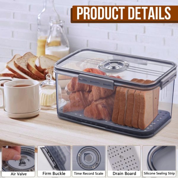 Bread Box Bread Boxes for Kitchen Counter Airtight, Time Recording Bread Storage Container with Lid, Bread Keeper for Homemade Bread, Toast, Bagel, Donut and Cookies, Grey - Image 3