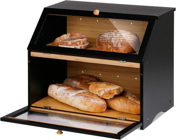 HOMEKOKO Double Layer Large Bread Box for Kitchen Counter, Wooden Large Capacity Bread Storage Bin (Black) - Image 2