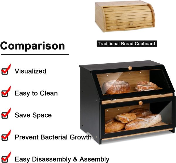 HOMEKOKO Double Layer Large Bread Box for Kitchen Counter, Wooden Large Capacity Bread Storage Bin (Black) - Image 3