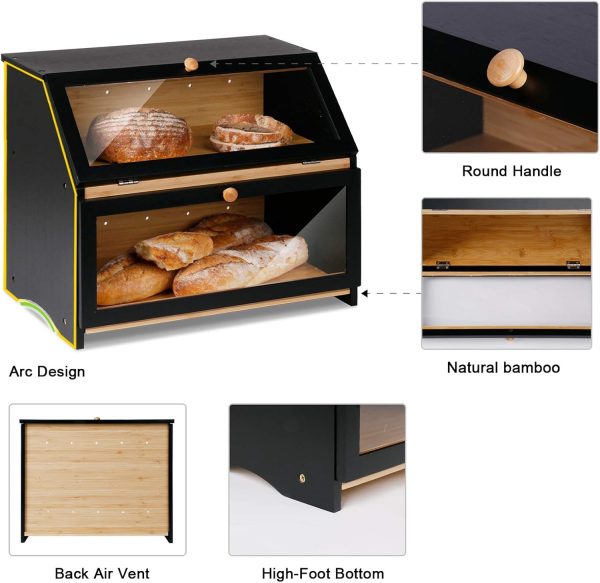 HOMEKOKO Double Layer Large Bread Box for Kitchen Counter, Wooden Large Capacity Bread Storage Bin (Black) - Image 4