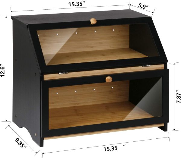 HOMEKOKO Double Layer Large Bread Box for Kitchen Counter, Wooden Large Capacity Bread Storage Bin (Black) - Image 5