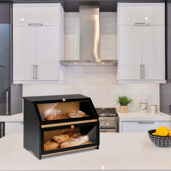 HOMEKOKO Double Layer Large Bread Box for Kitchen Counter, Wooden Large Capacity Bread Storage Bin (Black) - Image 6