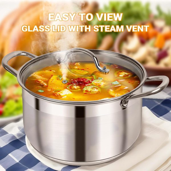 Kirecoo Stainless Steel Stock Pot - 8 Quart Heavy Duty Induction Cooking Pot with Visible Lid for Pasta, Soup, Spaghetti, Nonstick Thick Bottom Big Soup Canning Pot, Deep Cookware Boiling Simmer Pot - Image 4